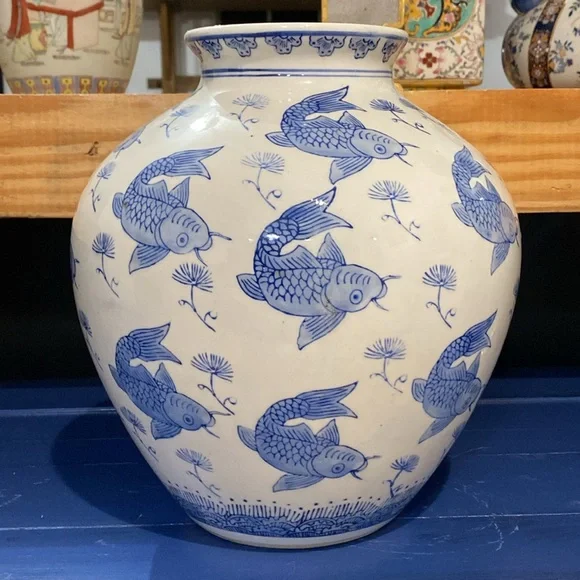 Vintage Chinese Blue & White Koi Fish porcelain vase